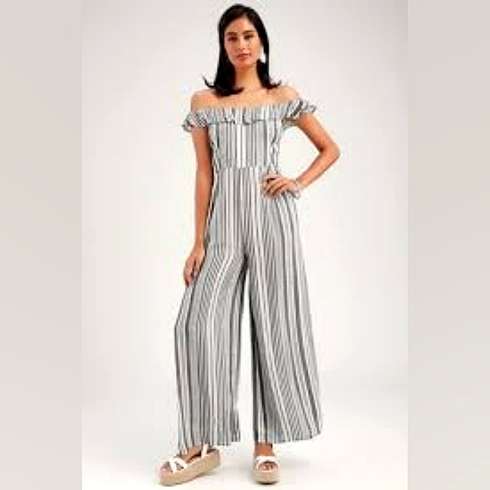 Forever 21 'Hers & Mine' Striped Off-the-Shoulder Jumpsuit